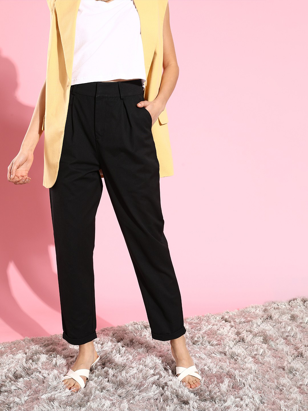 

Mast & Harbour Women Stylish Black Solid High-Rise Trousers