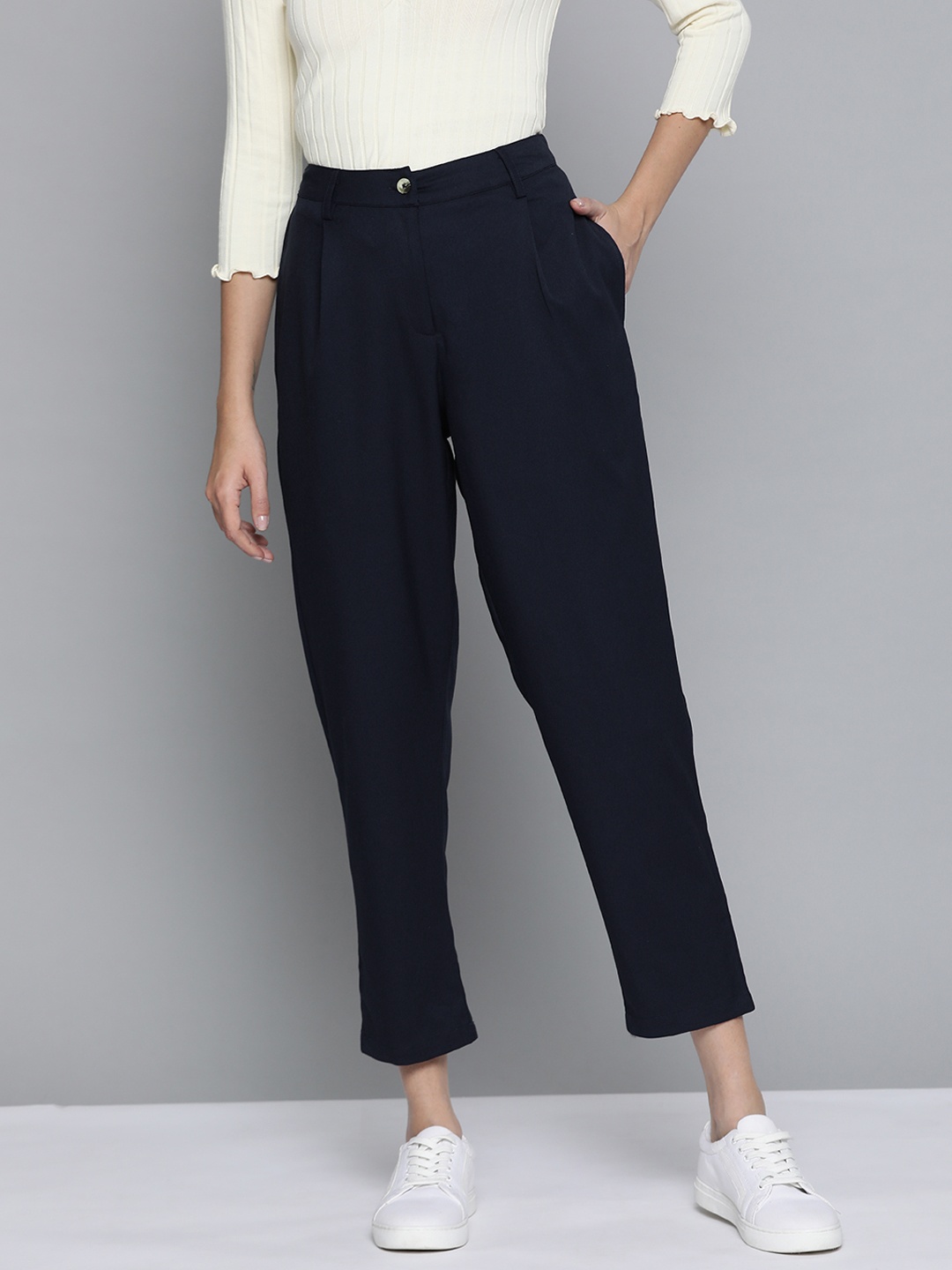 

Mast & Harbour Women Navy Blue Solid Trousers