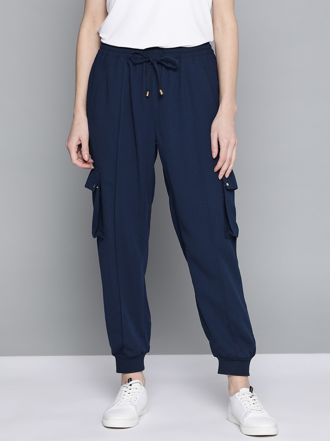 

Mast & Harbour Women Navy Blue Pleated Joggers Trousers