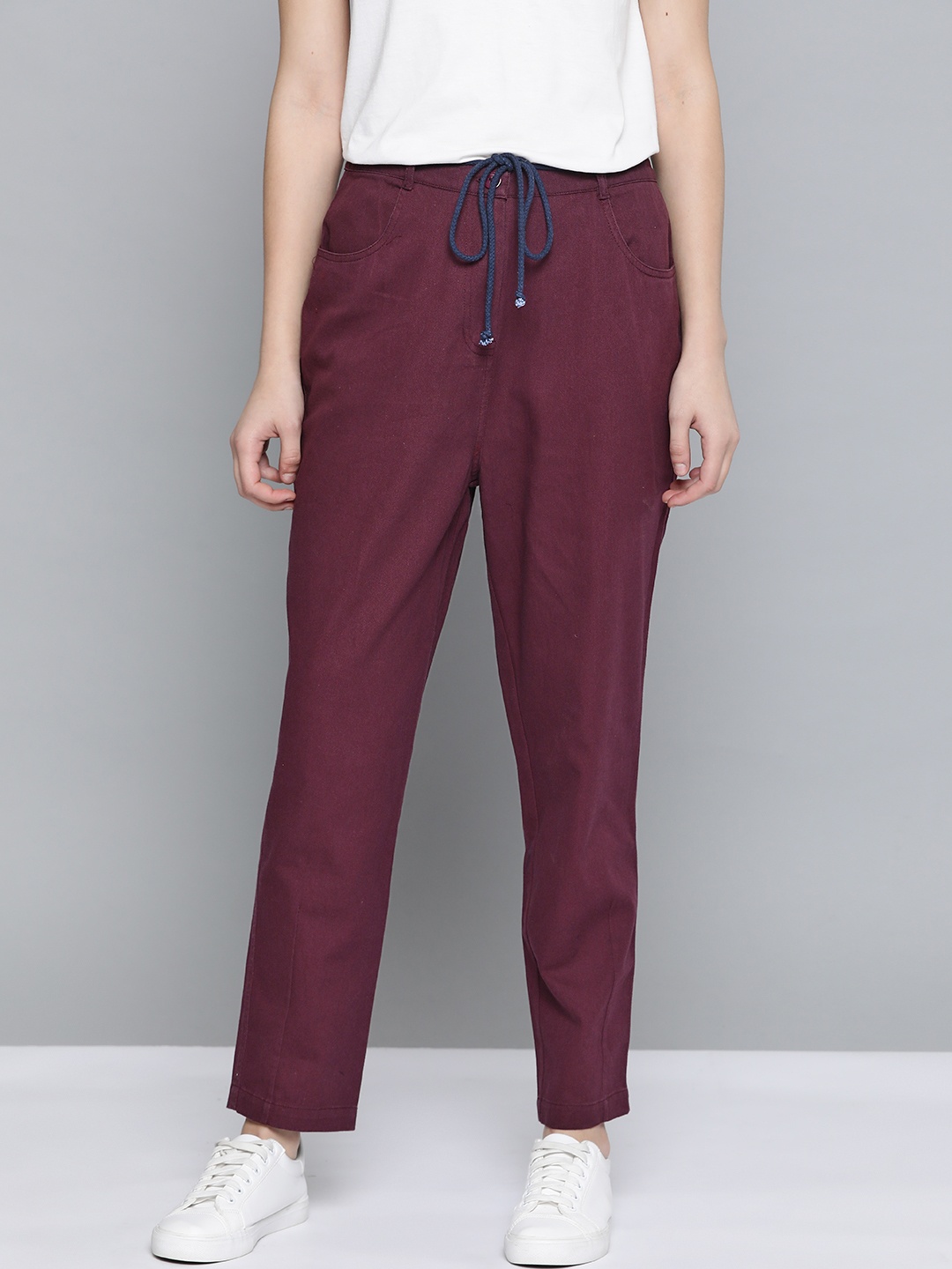 

Mast & Harbour Women Maroon Solid Cotton Trousers