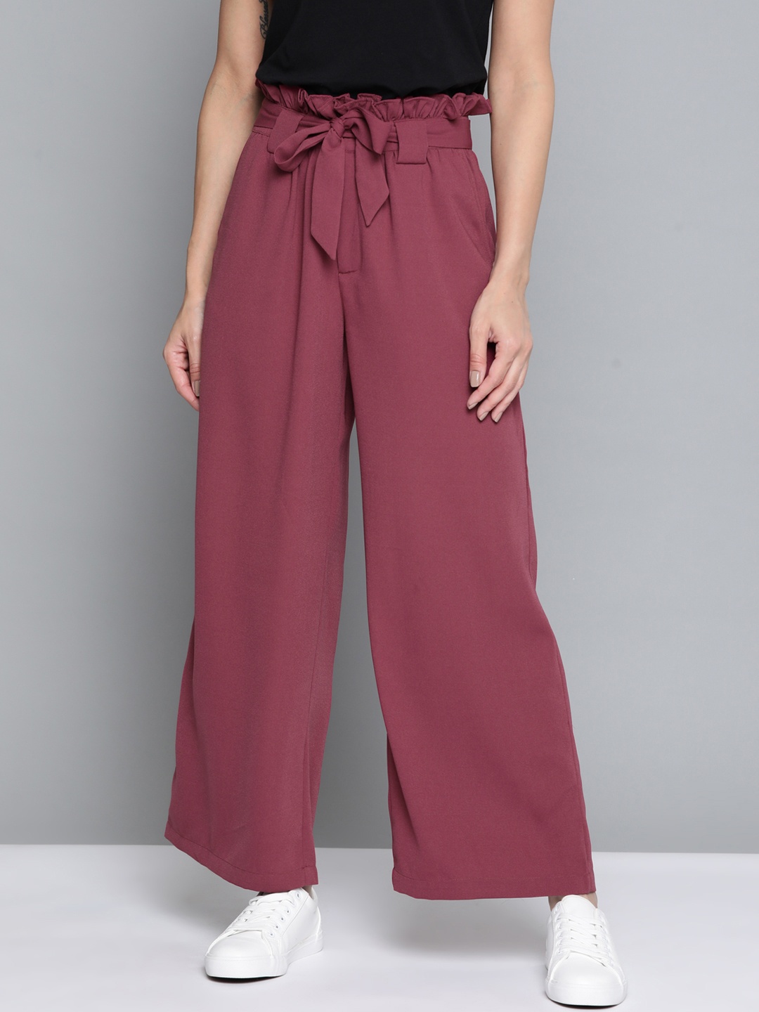 

Mast & Harbour Women Rose Solid Parallel Trousers with Belt