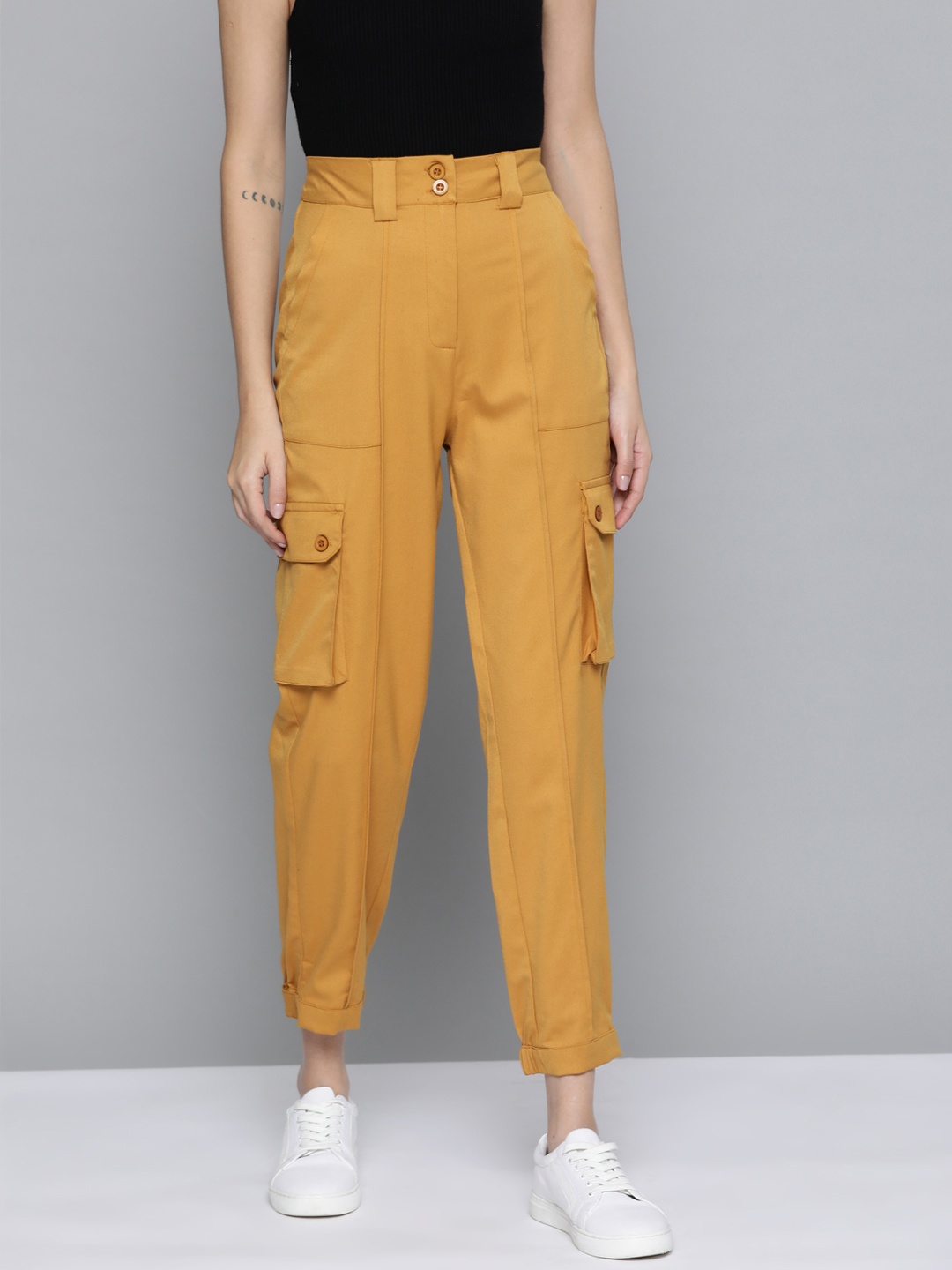 

Mast & Harbour Women Mustard Brown Solid Cargos Trousers