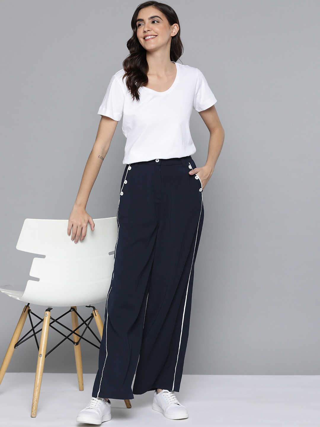 

Mast & Harbour Women Navy Blue Solid Trousers