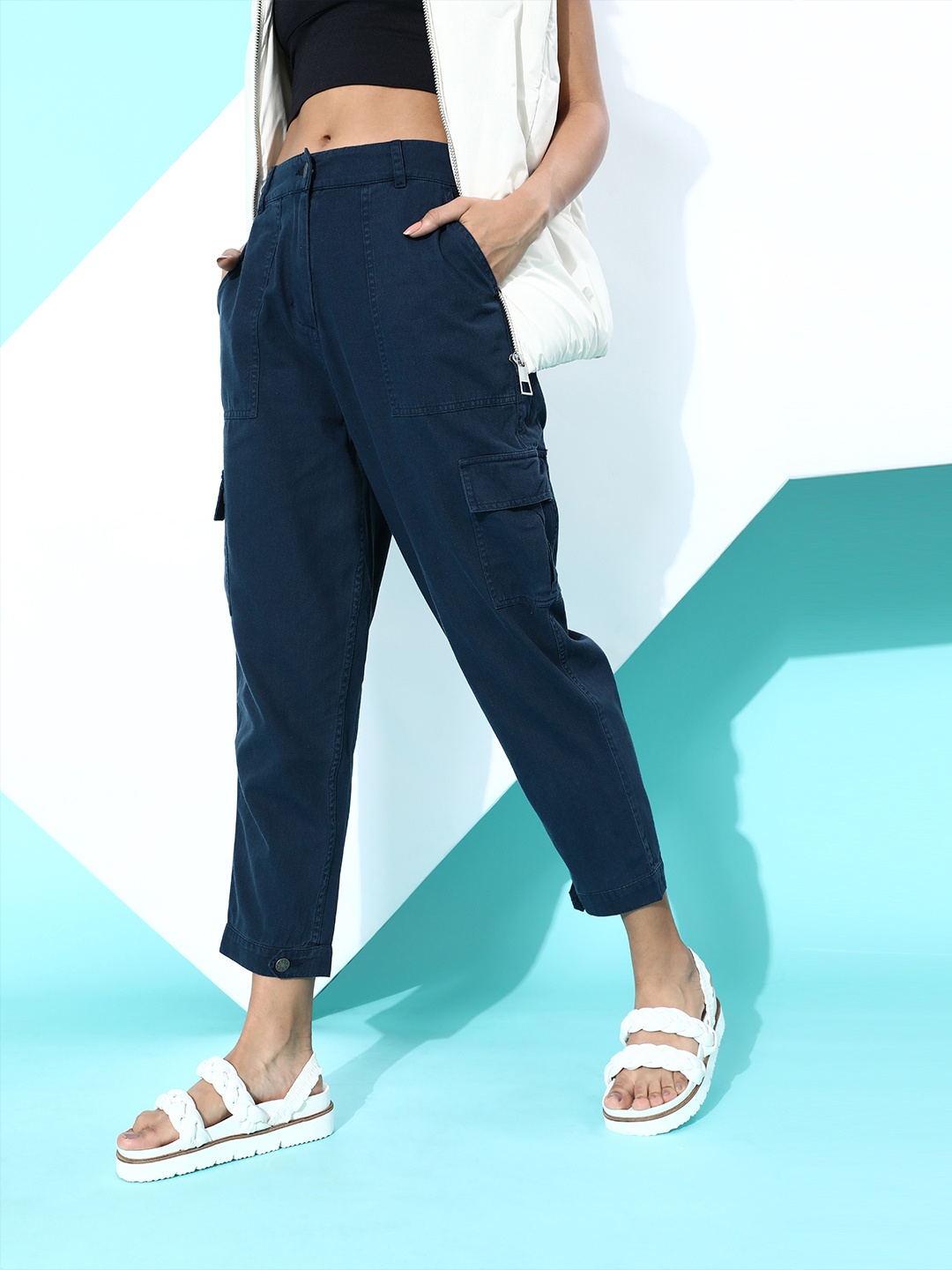 

Mast & Harbour Women Deep Navy Blue Solid Cargo Trousers