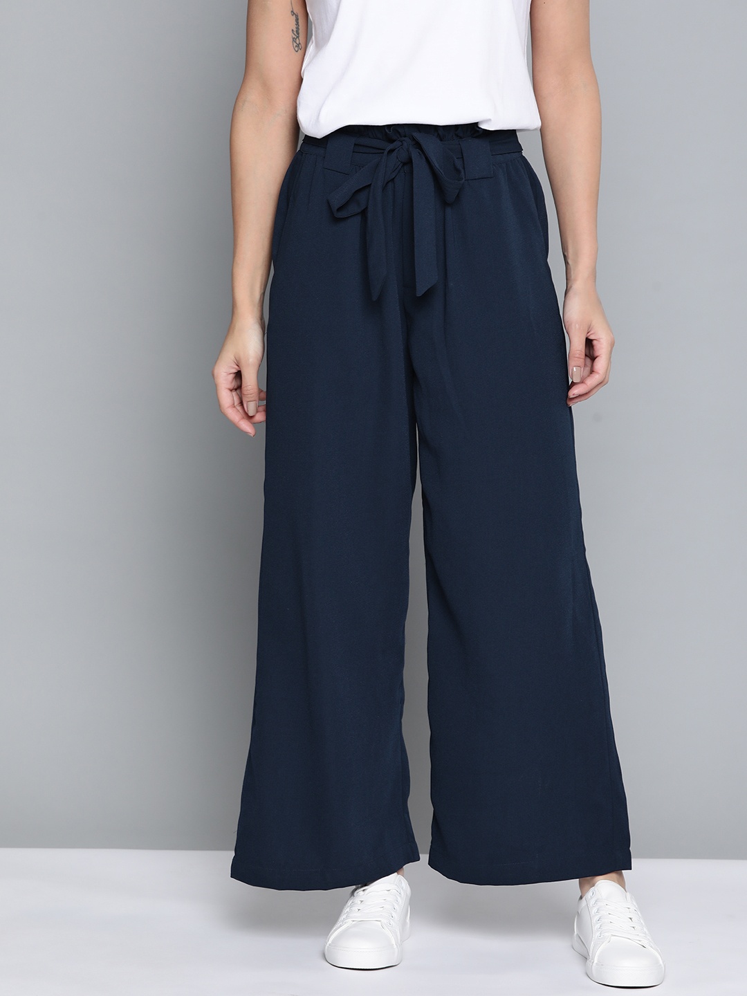 

Mast & Harbour Women Navy Blue Solid Parallel Trousers with Belt