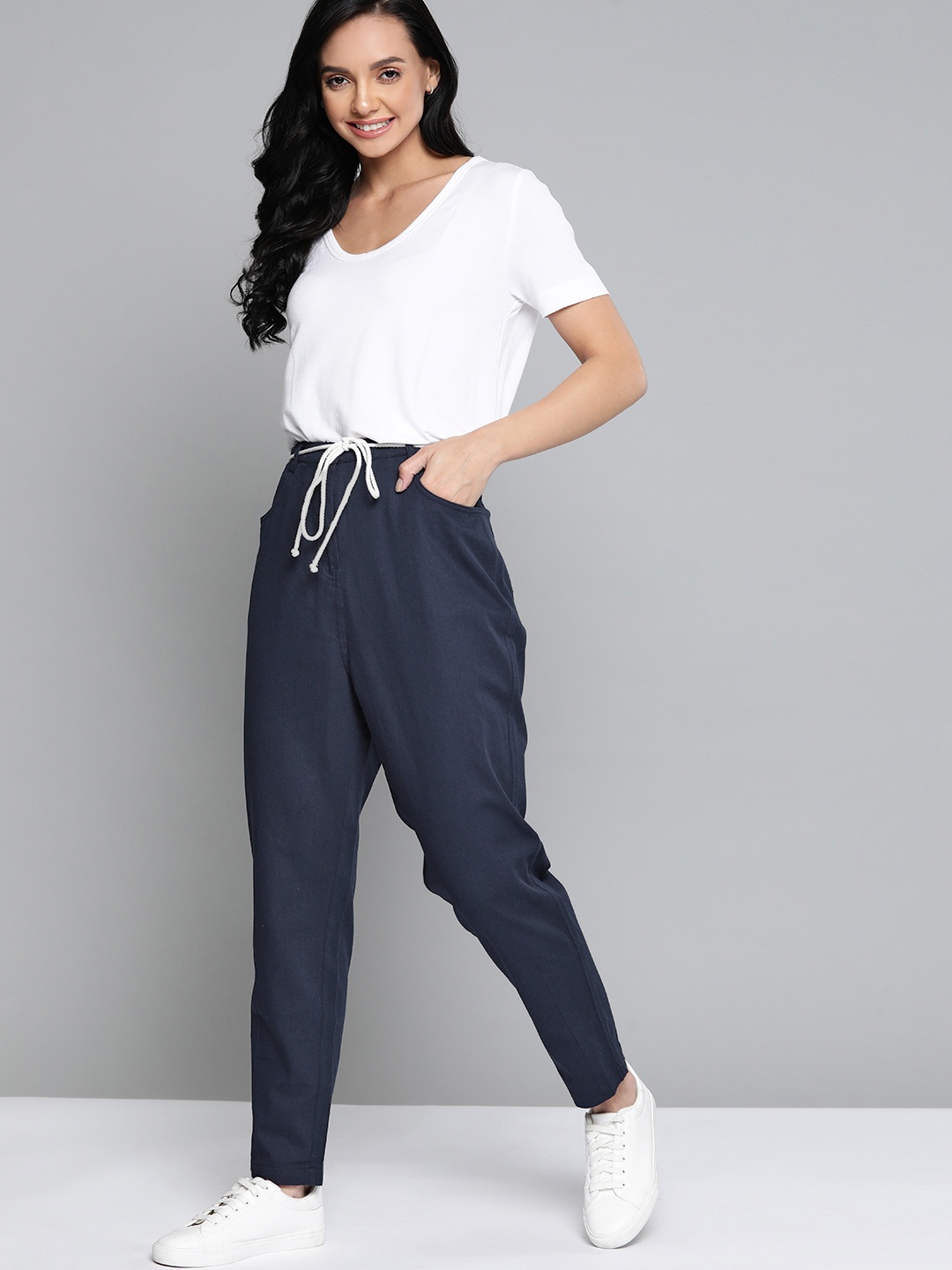 

Mast & Harbour Women Pure Cotton Navy Blue High-Rise Trousers