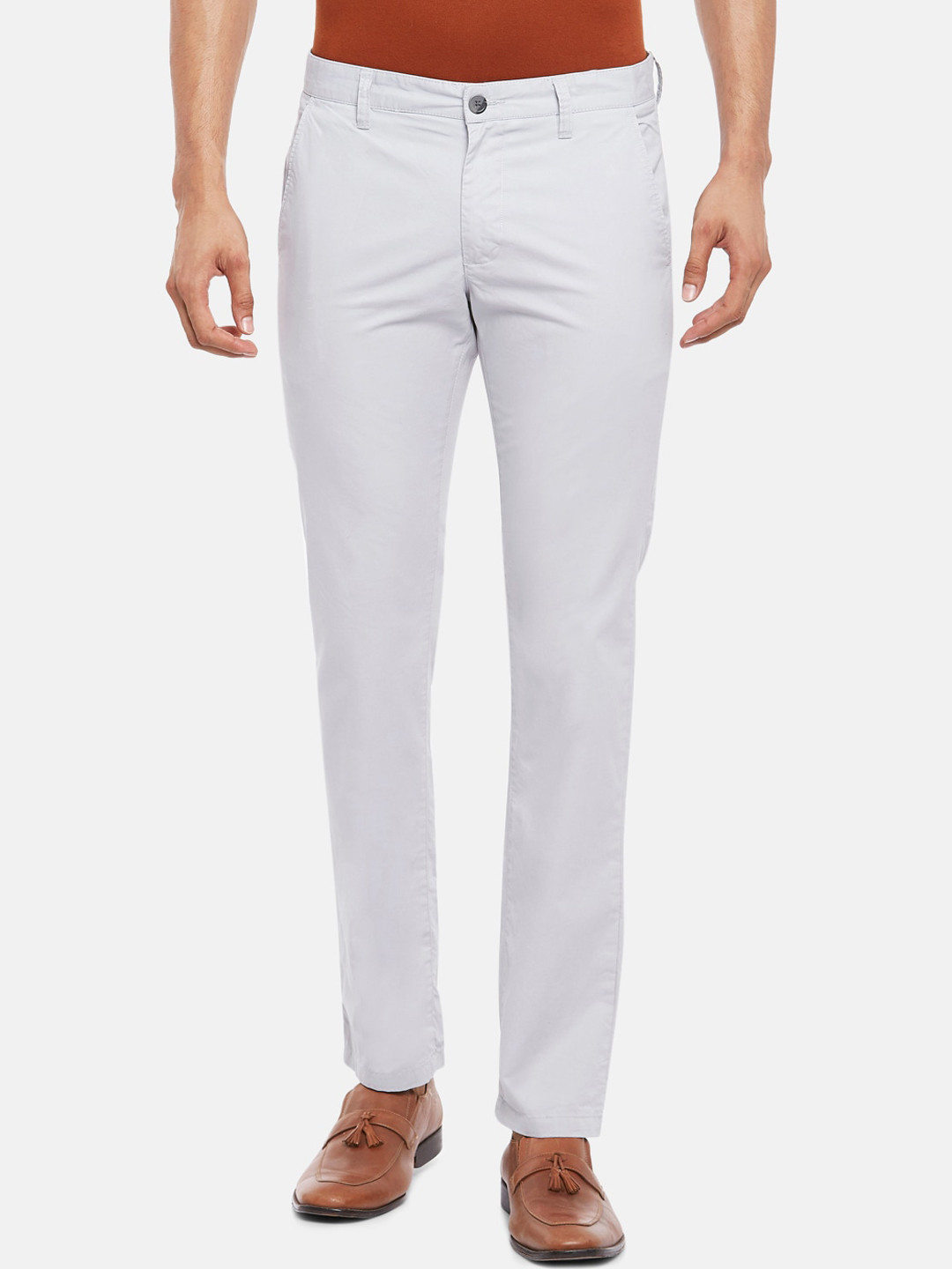 

BYFORD by Pantaloons Men Grey Slim Fit Low-Rise Cotton Chinos Trousers
