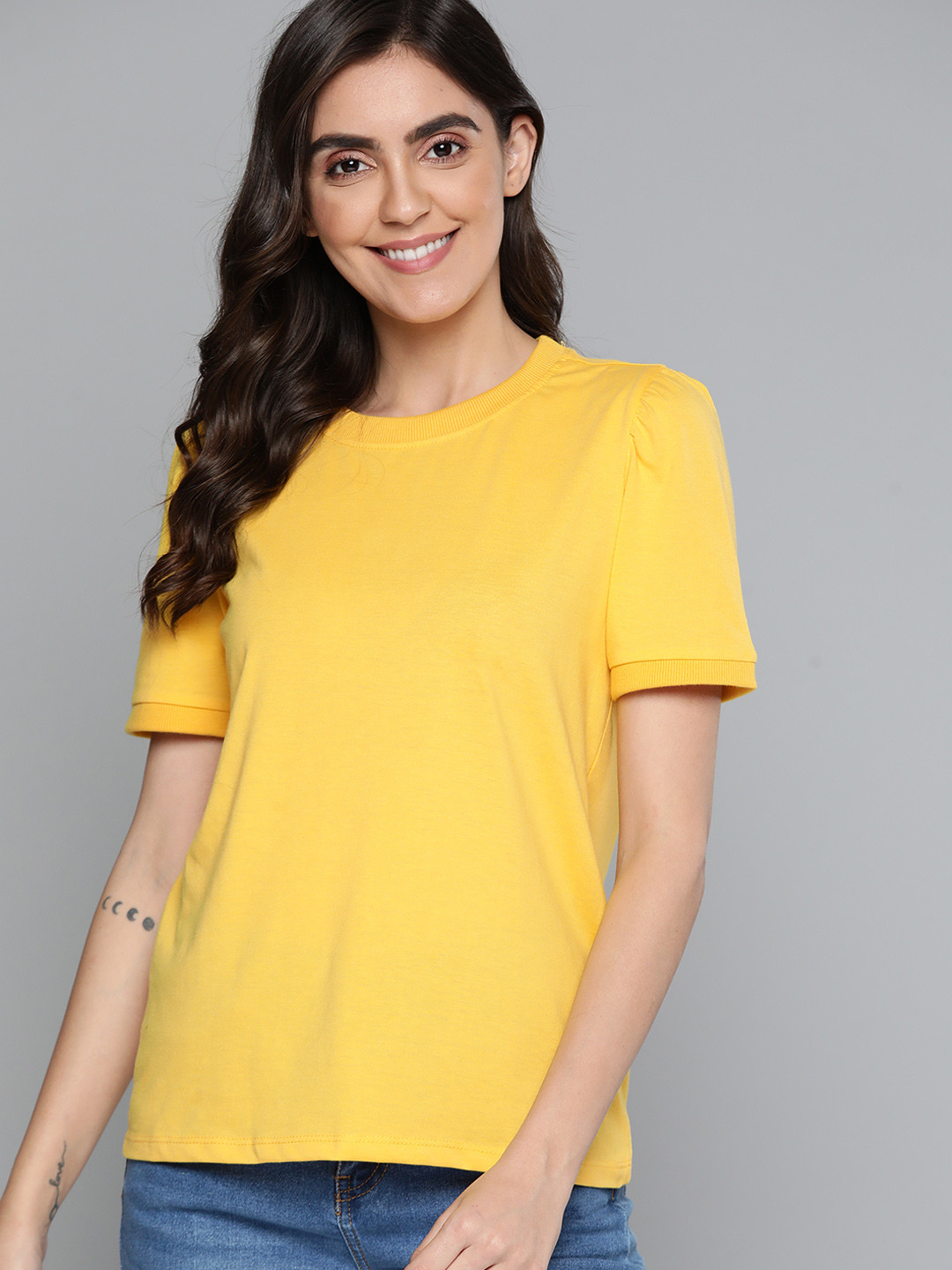 

Mast & Harbour Women Yellow Solid Pure Cotton T-shirt