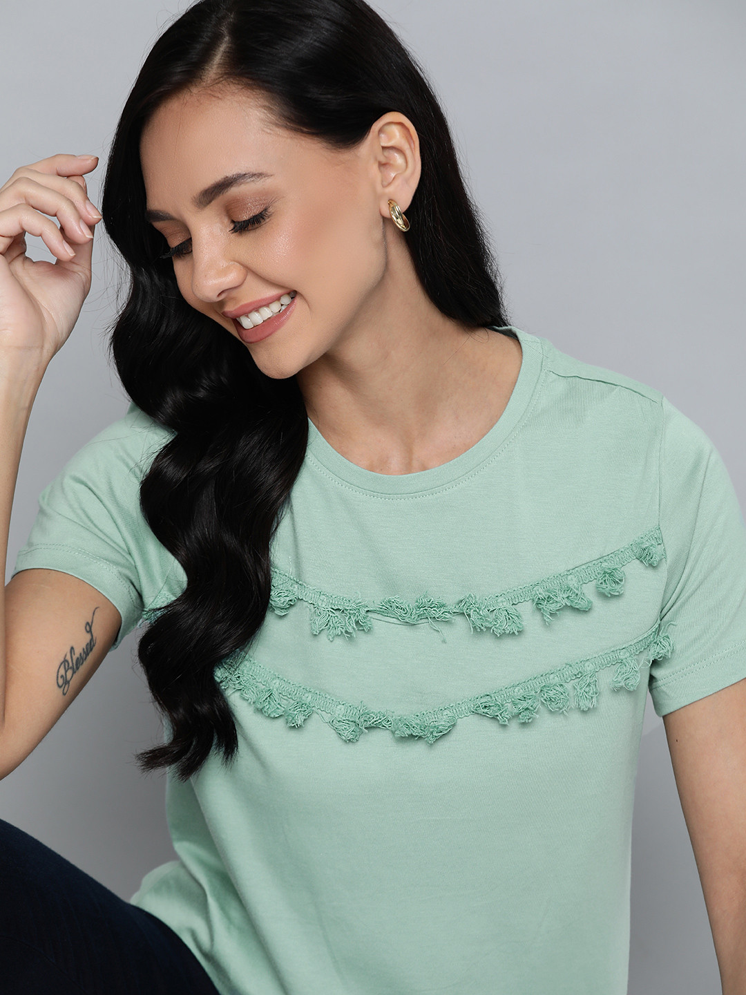 

Mast & Harbour Women Sea Green Solid T-shirt With Tassel Detail