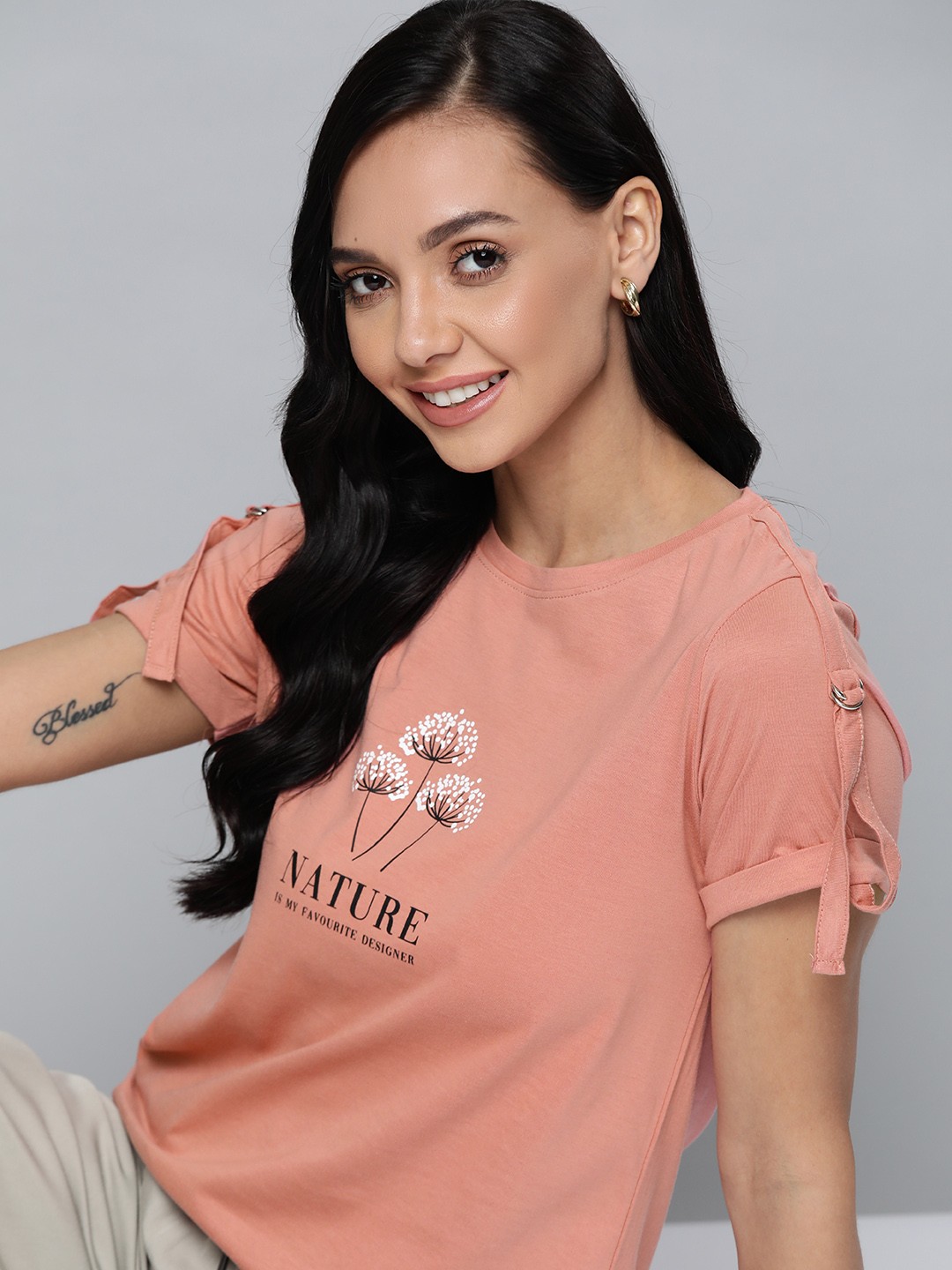 

Mast & Harbour Women Pink & Black Pure Cotton Printed Roll-Up Sleeves T-shirt