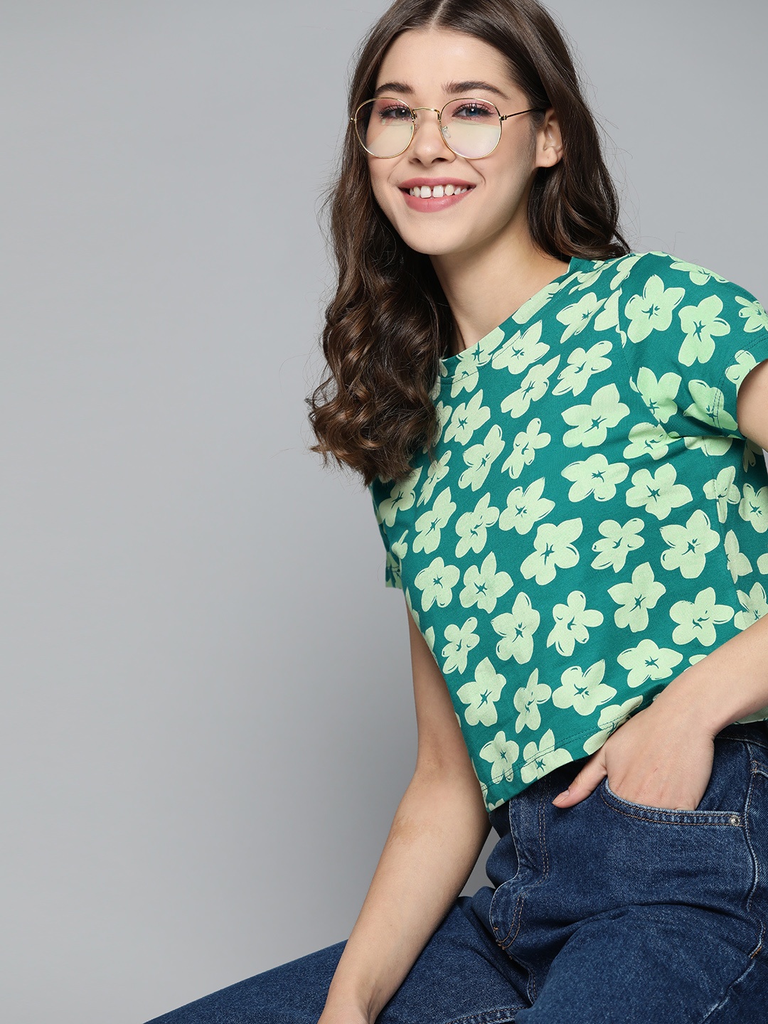 

Mast & Harbour Women Green Floral Printed Pure Cotton T-shirt