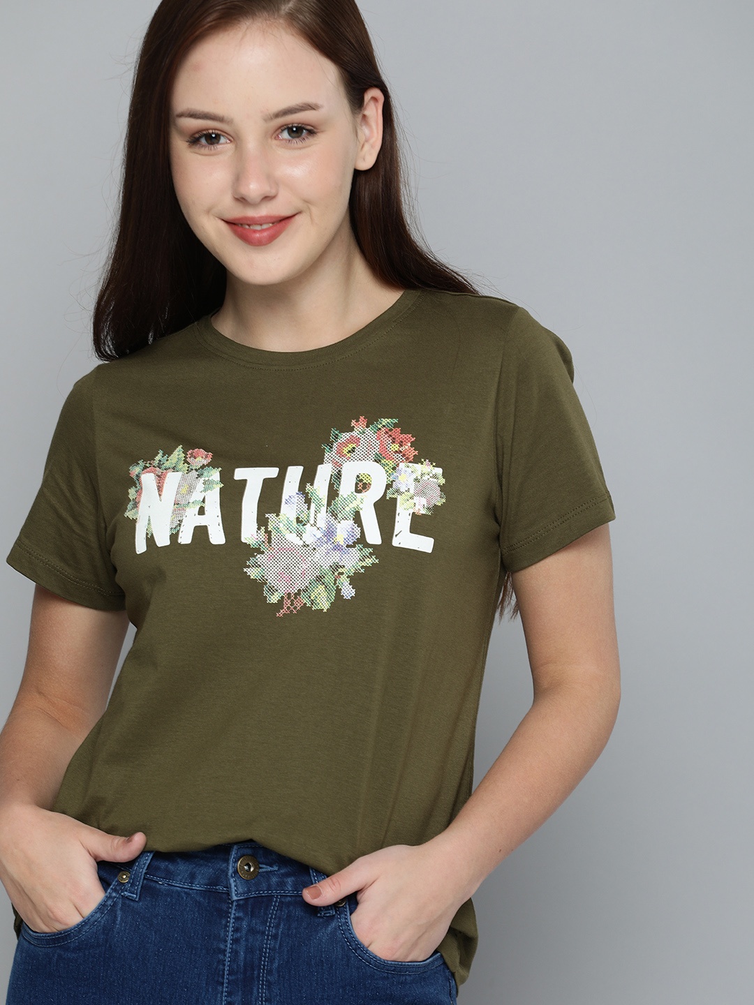 

Mast & Harbour Women Olive Green Typography Printed Pure Cotton T-shirt