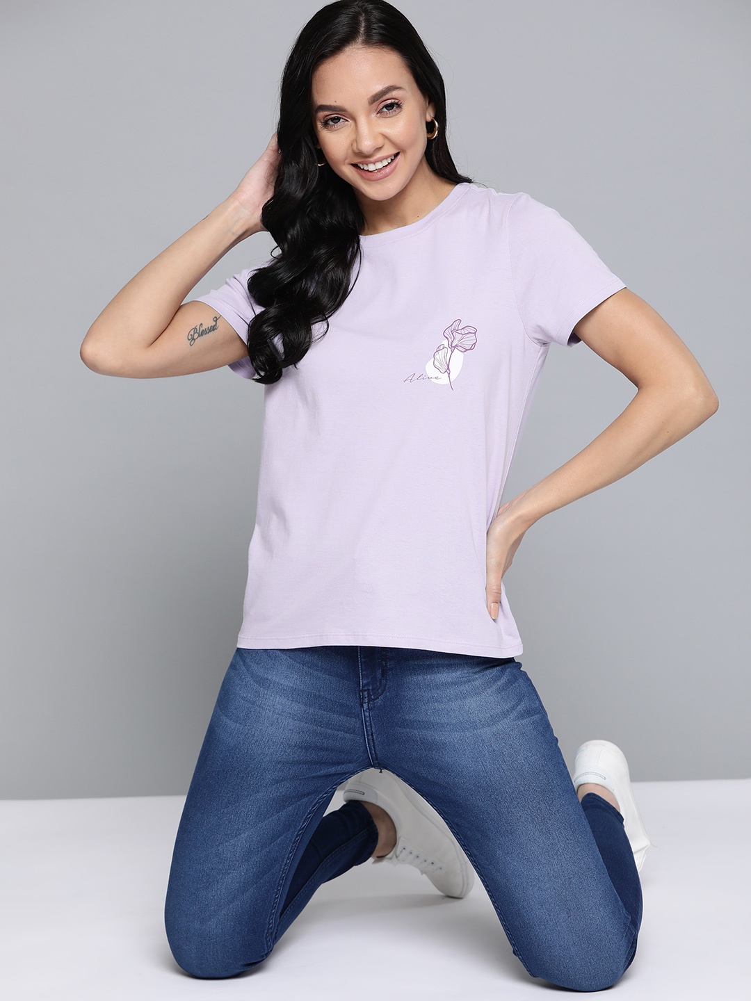 

Mast & Harbour Women Lavender Pure Cotton Solid T-shirt