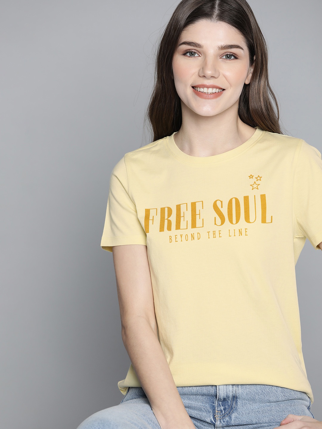 

Mast & Harbour Women Yellow Typography Printed Pure Cotton T-shirt