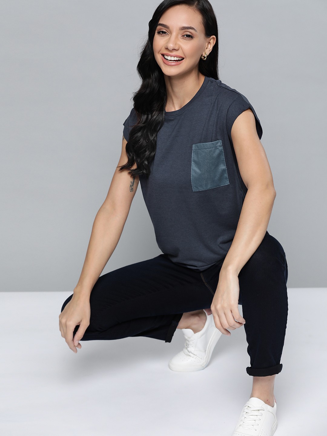 

Mast & Harbour Women Navy Blue Solid Extended Sleeves T-shirt