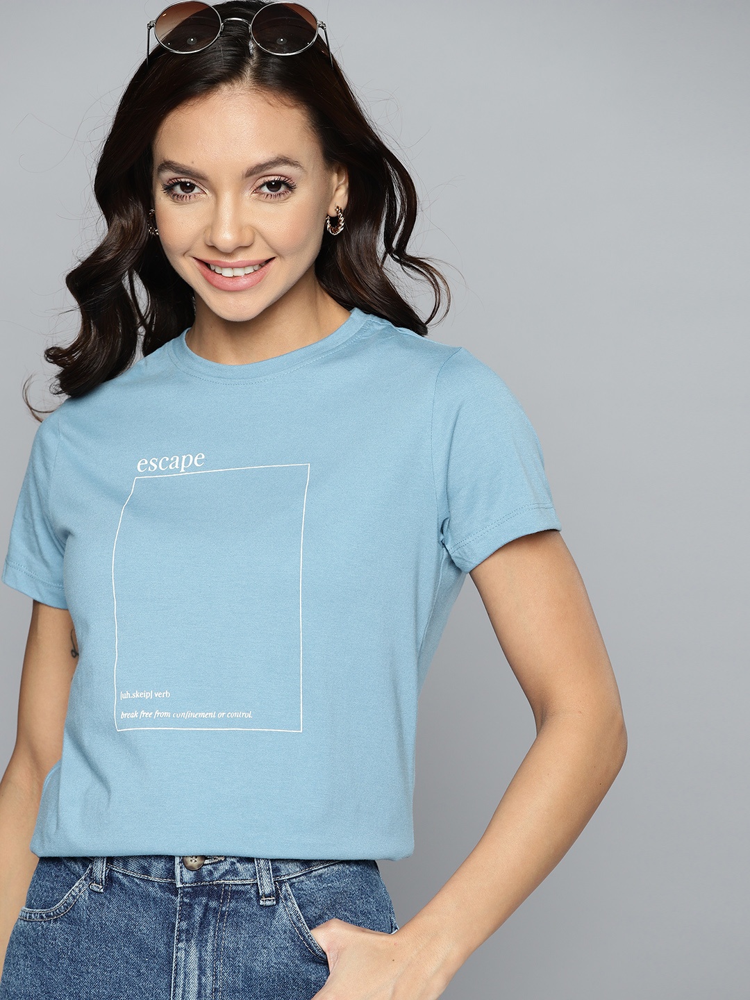 

Mast & Harbour Women Blue Typography Printed Pure Cotton T-shirt