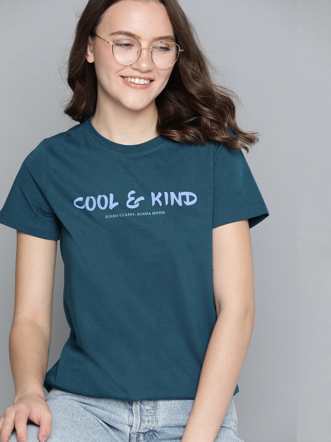 

Mast & Harbour Women Teal Blue Typography Printed Cotton T-shirt