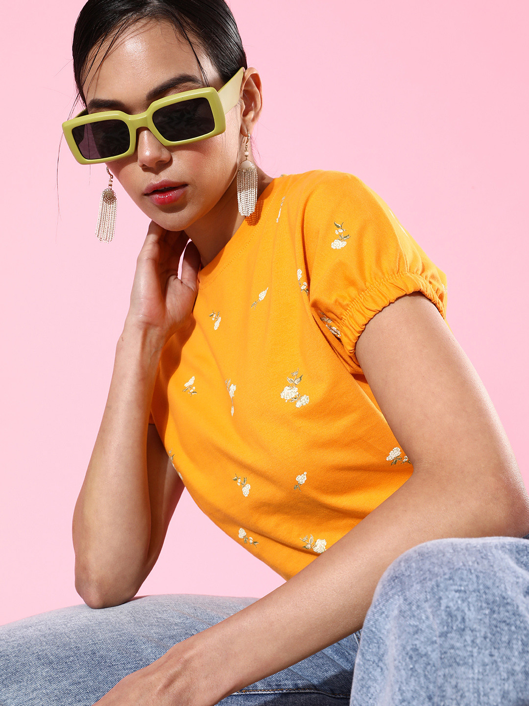 

Mast & Harbour Women Gold-Toned & White Floral Printed T-shirt