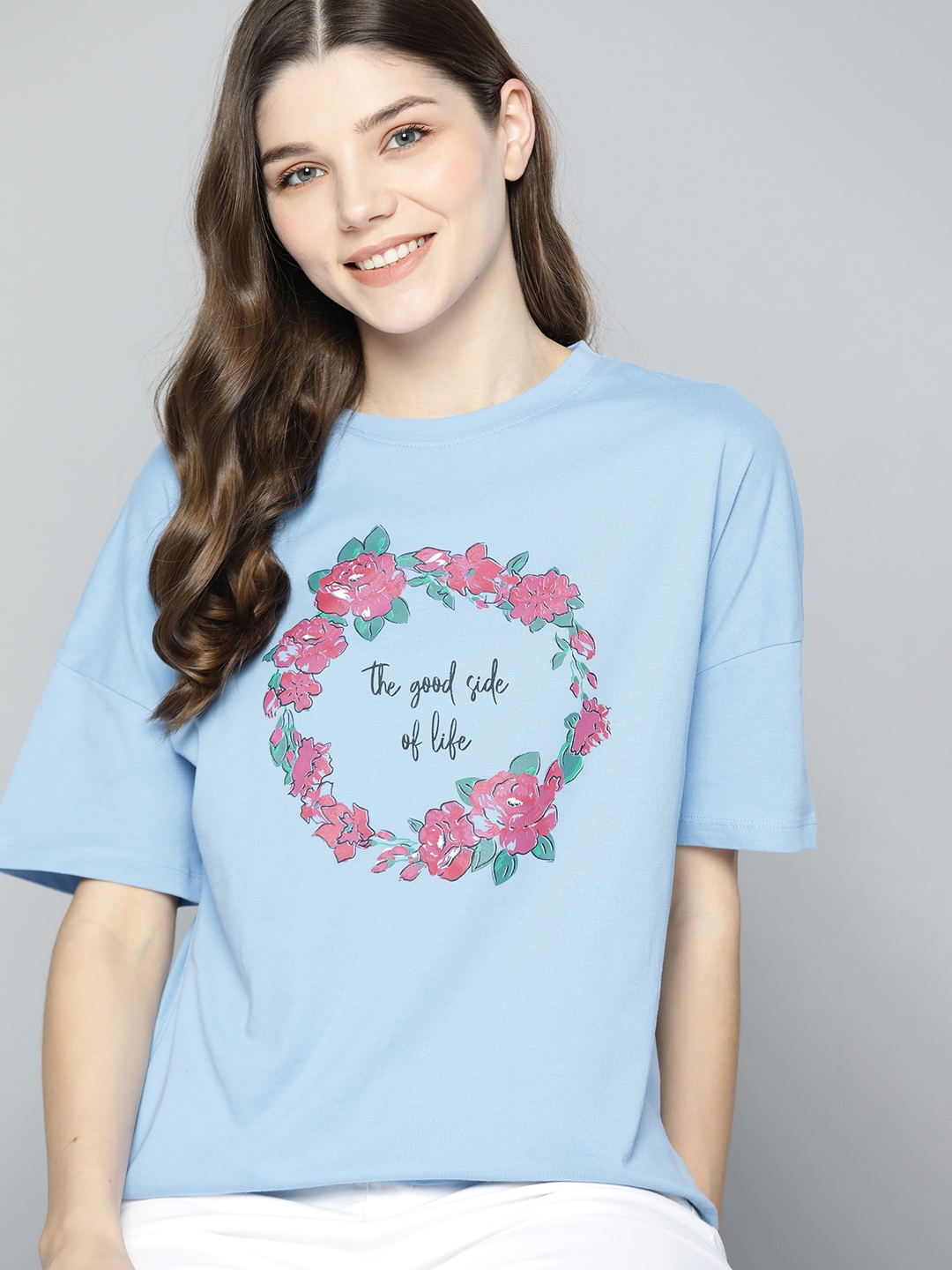 

Mast & Harbour Women Blue & Pink Pure Cotton Typography Printed T-shirt