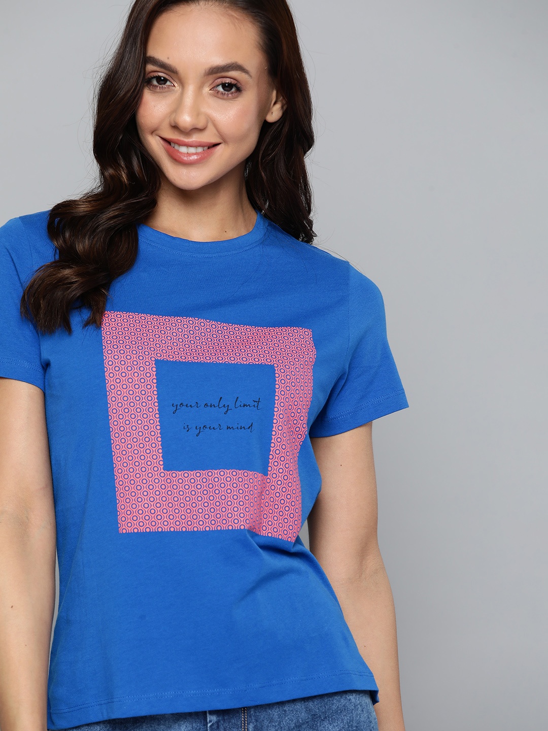 

Mast & Harbour Women Blue Typography Printed Pure Cotton T-shirt