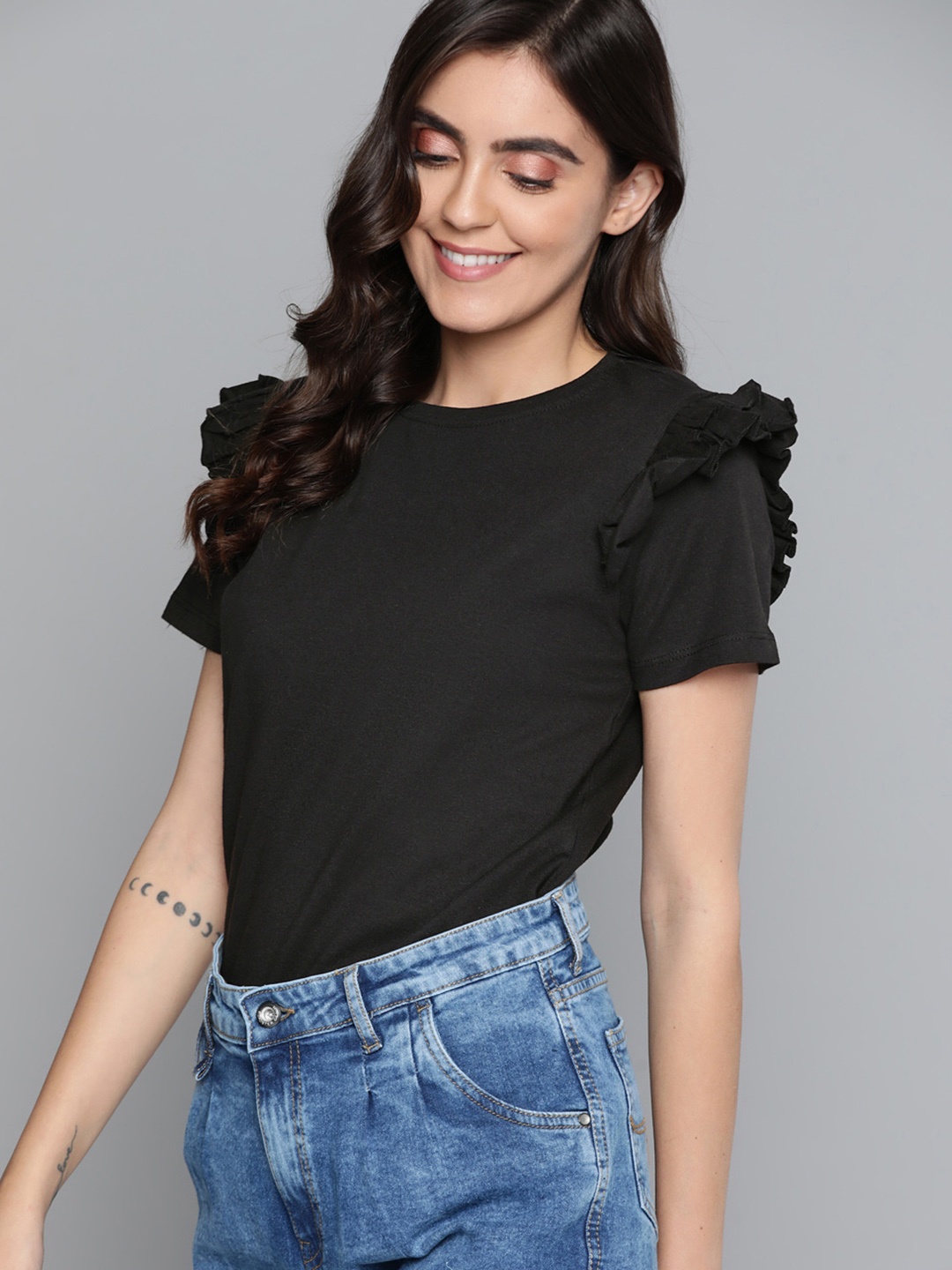 

Mast & Harbour Women Black Solid Pure Cotton Ruffles Top