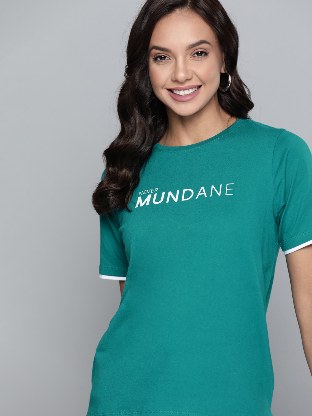 

Mast & Harbour Women Green & White Pure Cotton Typography Printed T-shirt
