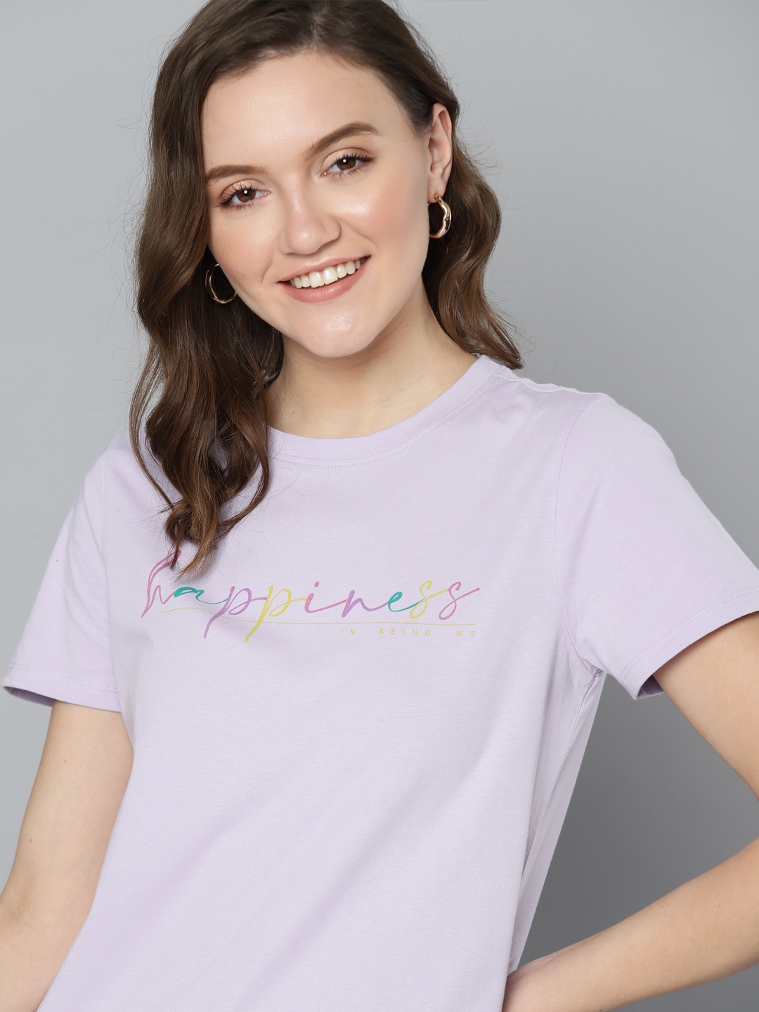 

Mast & Harbour Women Lavender & Pink Typography Print Pure Cotton T-shirt