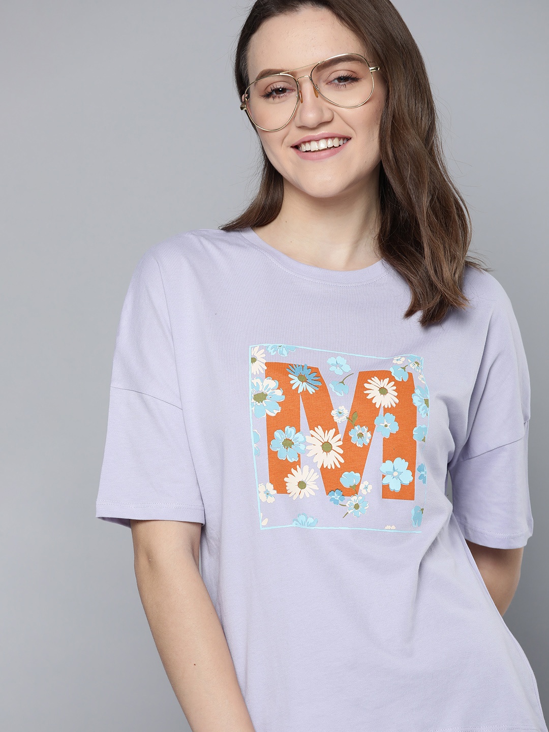 

Mast & Harbour Women Lavender & Rust Orange Typography Printed Pure Cotton T-shirt