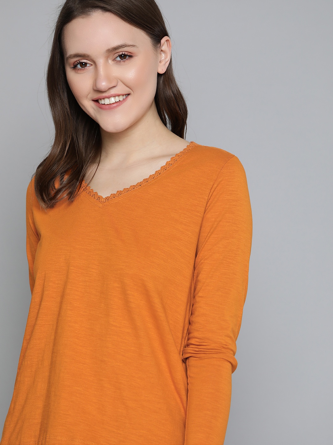 

Mast & Harbour Women Rust Orange Pure Cotton Solid V-Neck T-shirt