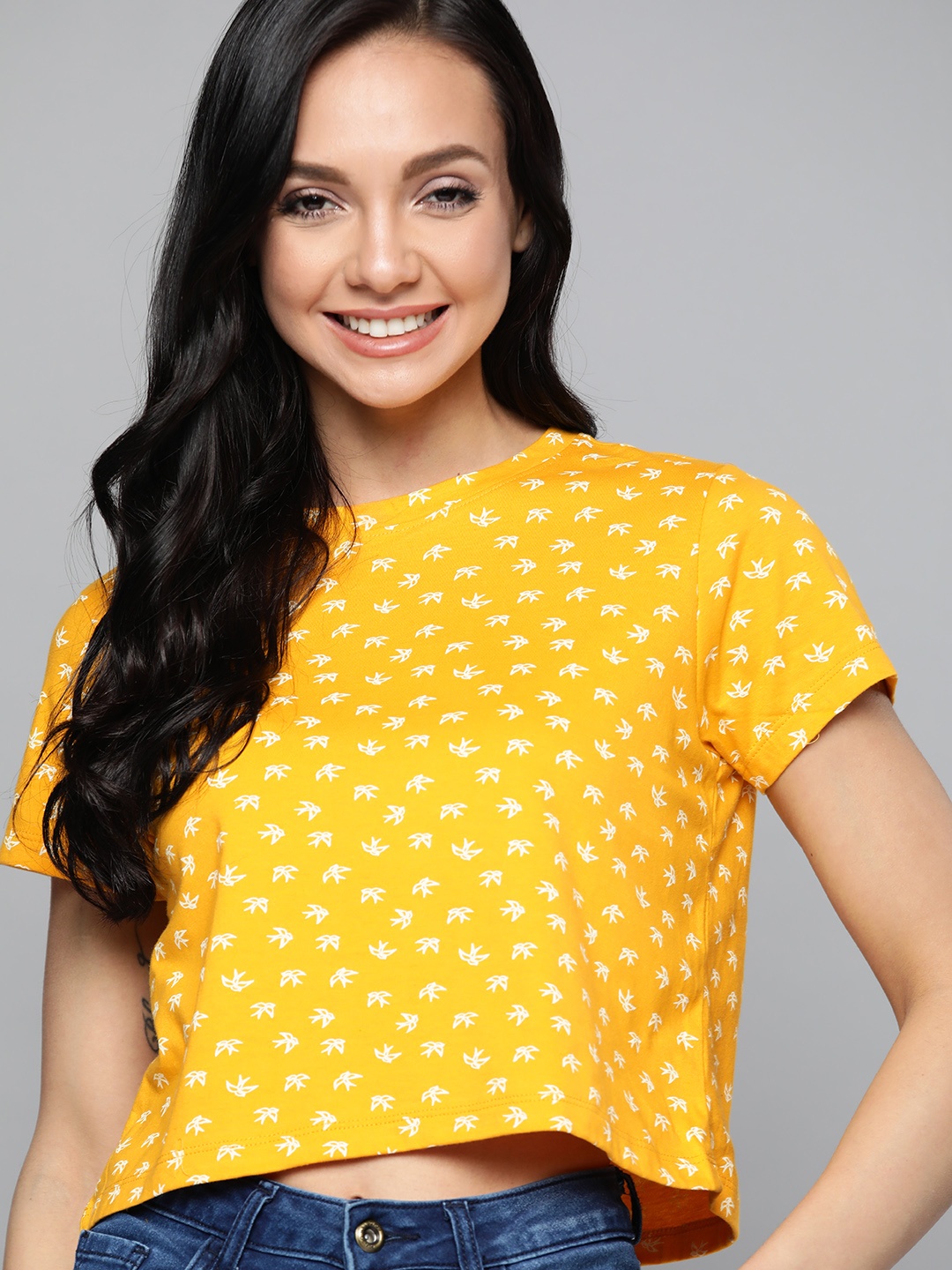 

Mast & Harbour Women Yellow & Off White Pure Cotton Conversational Printed T-shirt