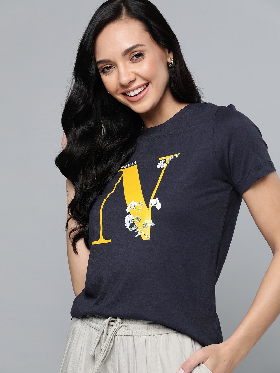 

Mast & Harbour Women Navy Blue & Yellow Typography Printed T-shirt