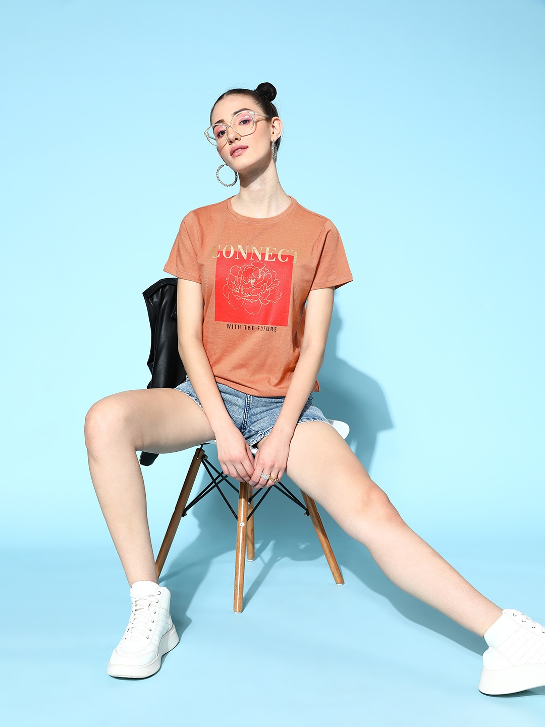 

Mast & Harbour Women Peach-Coloured & Red Printed Pure Cotton T-shirt