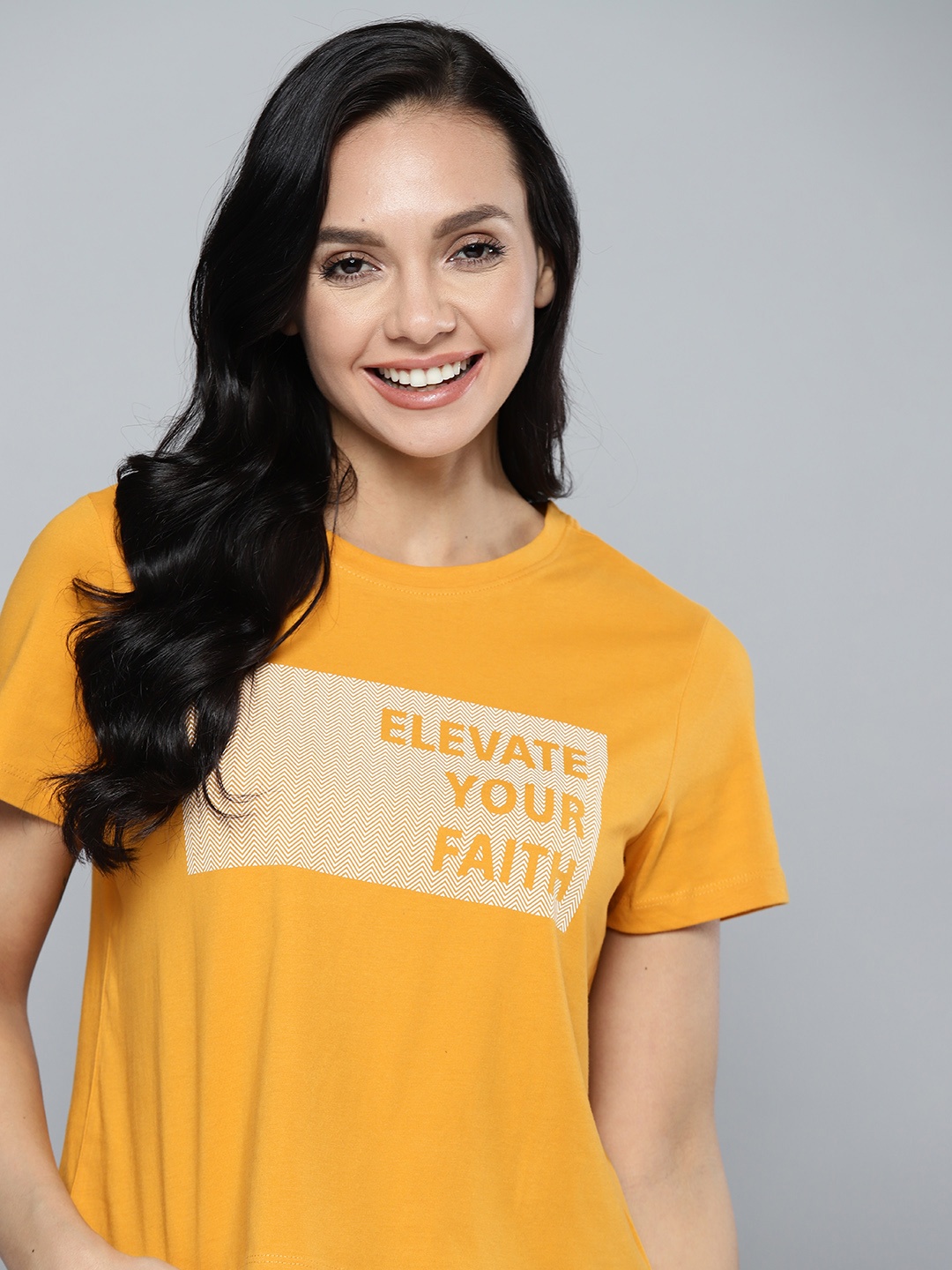

Mast & Harbour Women Mustard Yellow Cotton Typography Printed T-shirt
