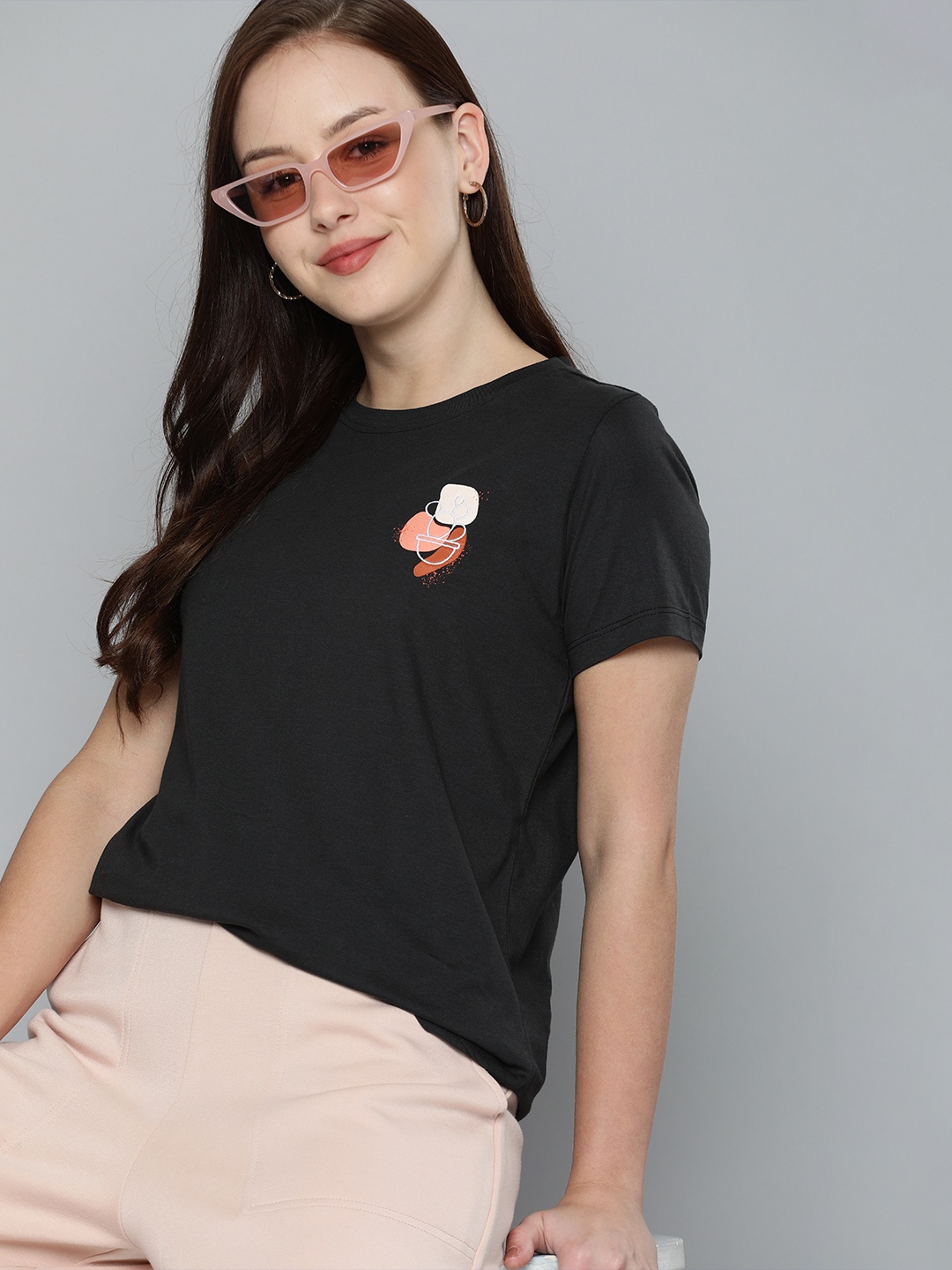 

Mast & Harbour Women Black Embroidery Detail Pure Cotton T-shirt