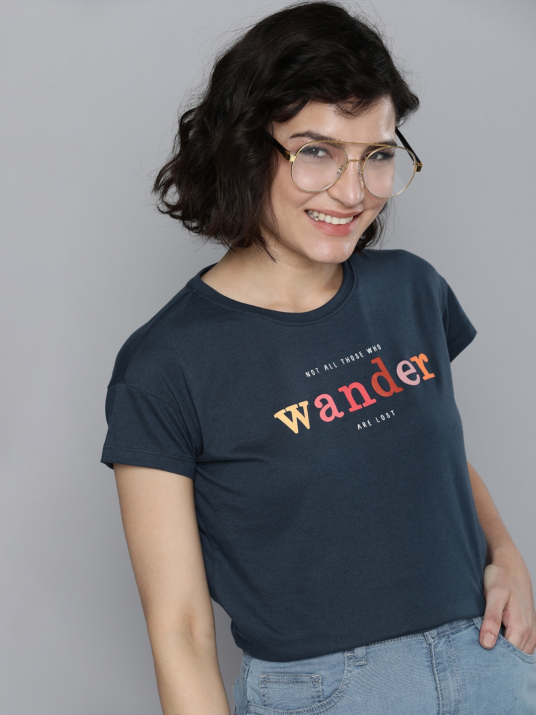 

Mast & Harbour Women Navy Blue Typography Printed T-shirt