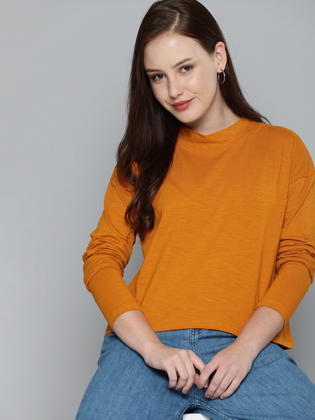 

Mast & Harbour Women Mustard Yellow High Neck Drop-Shoulder Sleeves Pure Cotton T-shirt