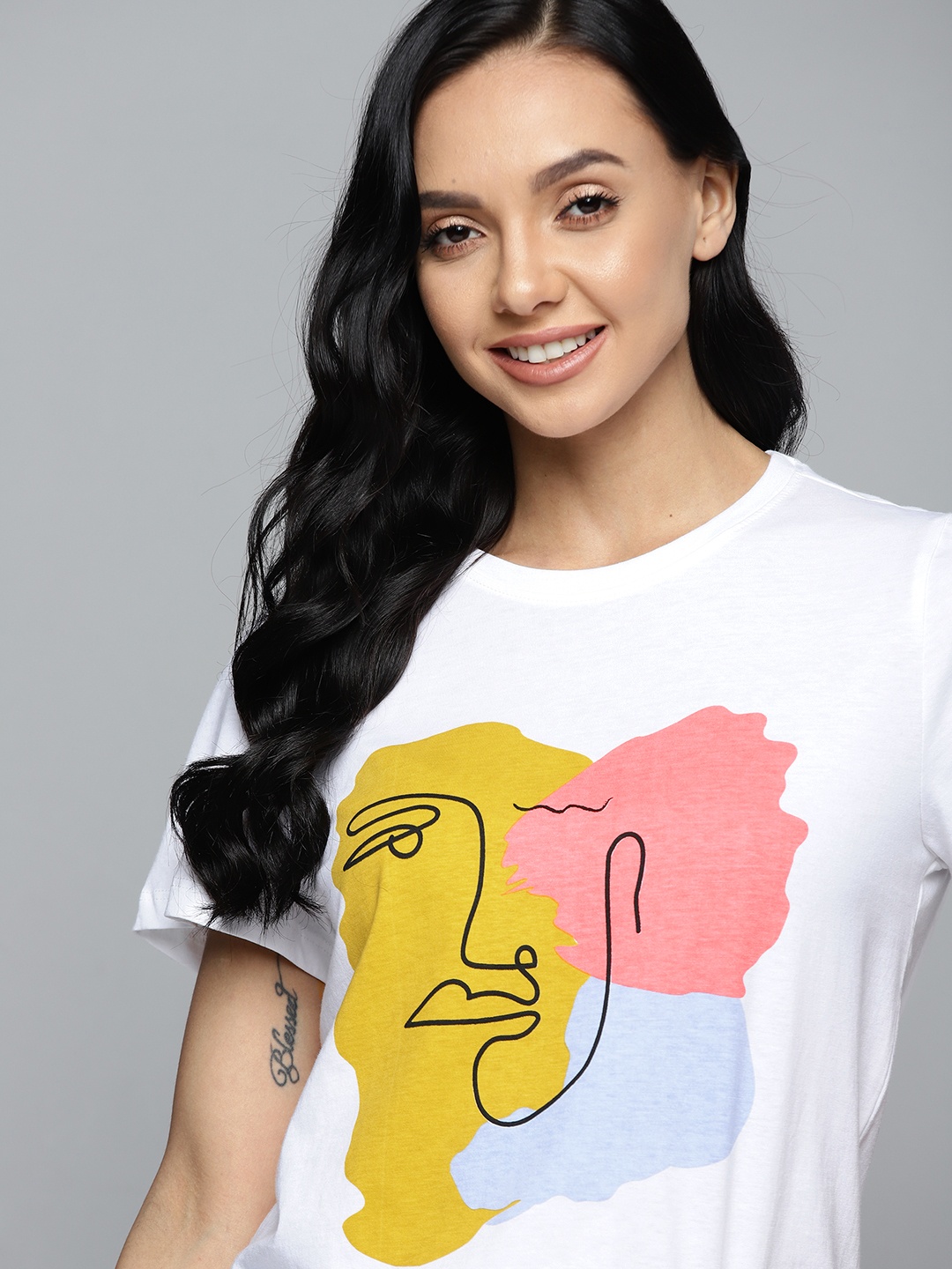 

Mast & Harbour Women Pure Cotton White & Mustard Yellow Printed T-shirt