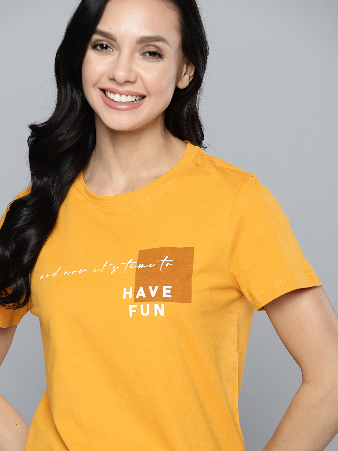 

Mast & Harbour Women Mustard Yellow & White Cotton Typography Printed T-shirt