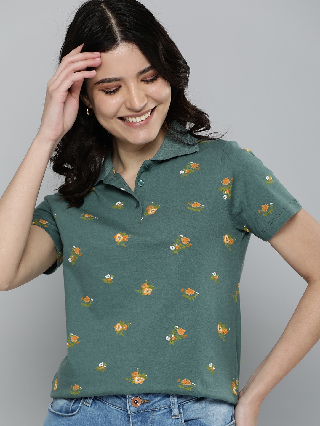 

Mast & Harbour Women Green & Orange Floral Printed Pure Cotton Polo Collar T-shirt