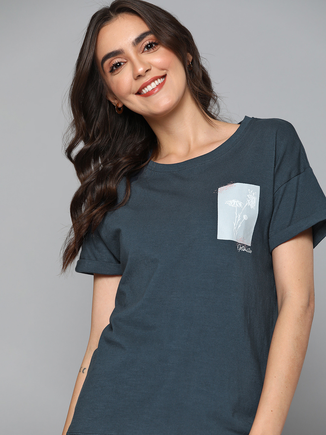 

Mast & Harbour Women Navy Blue & Grey Floral Printed Pure Cotton T-shirt