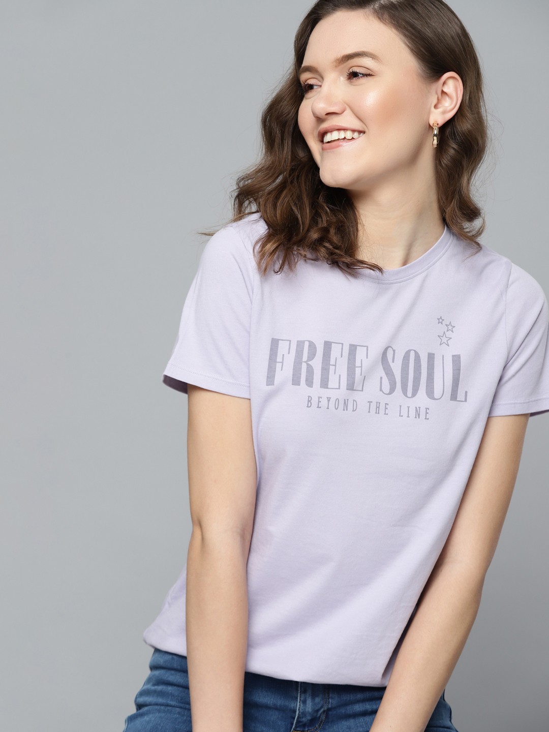 

Mast & Harbour Women Lavender & Grey Typography Print Pure Cotton T-shirt