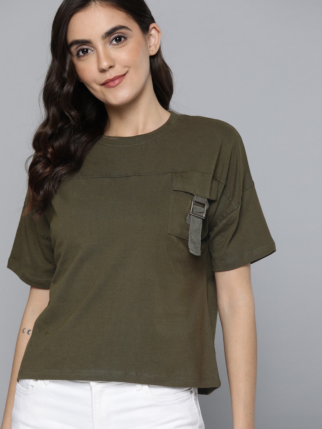 

Mast & Harbour Women Olive Green Solid Pure Cotton Boxy T-shirt