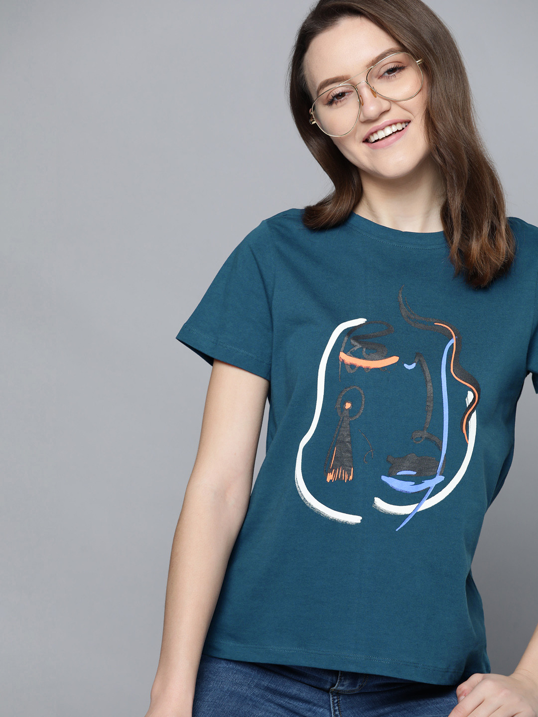 

Mast & Harbour Women Teal Blue & White Printed Pure Cotton T-shirt