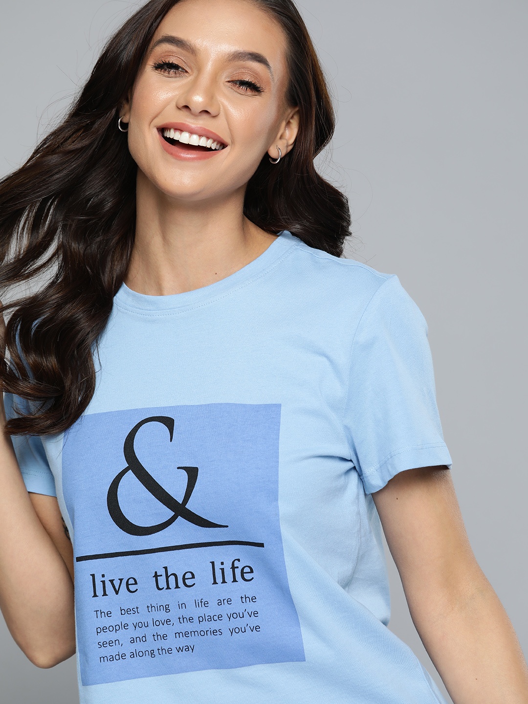 Mast & Harbour Women Blue & Black Printed Pure Cotton T-shirt