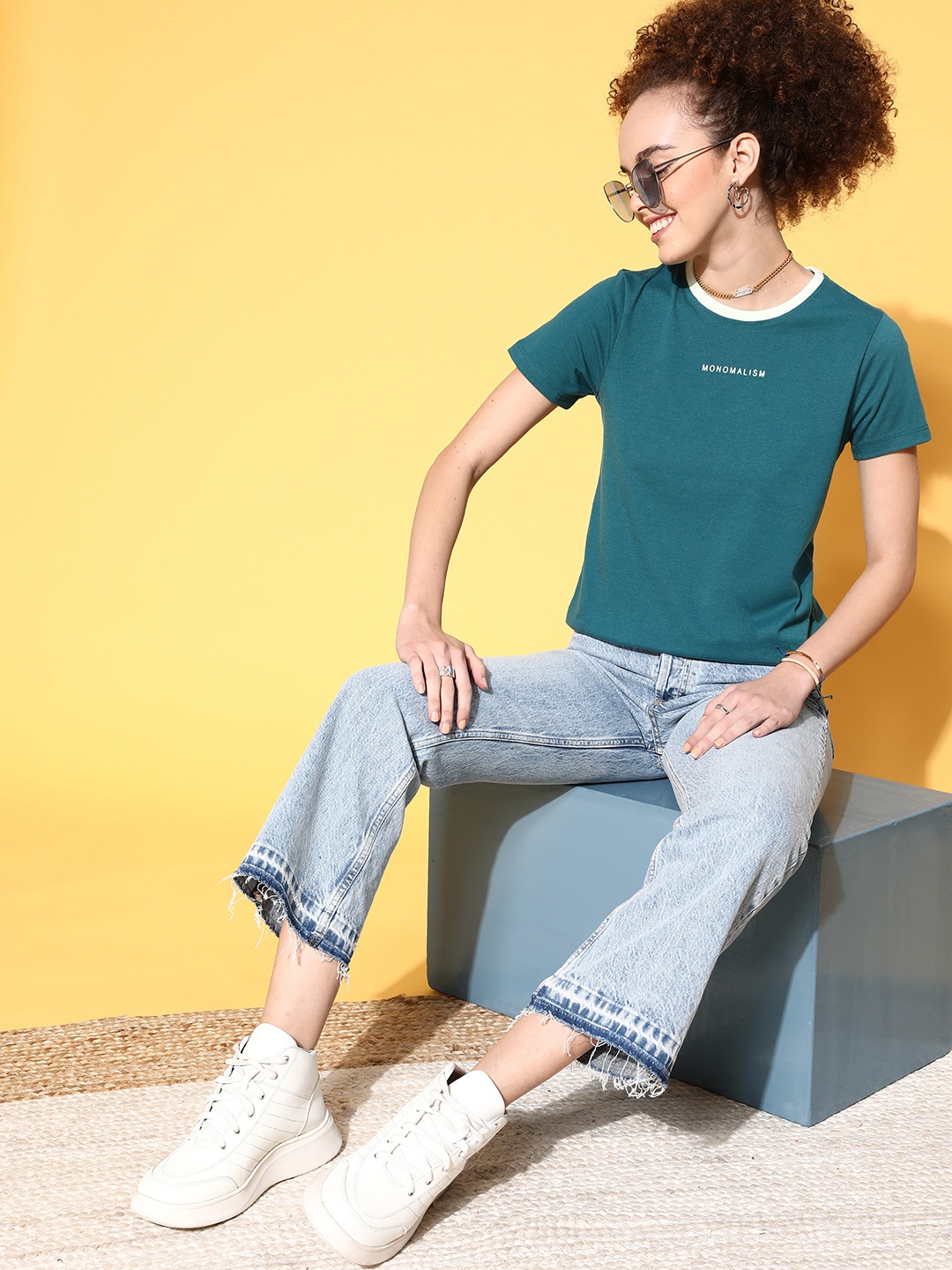 

Mast & Harbour Women Teal Pure Cotton T-shirt