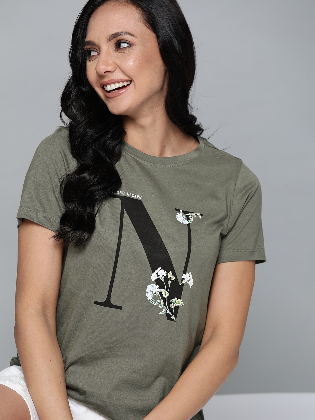

Mast & Harbour Women Olive Green & Black Typography Printed T-shirt