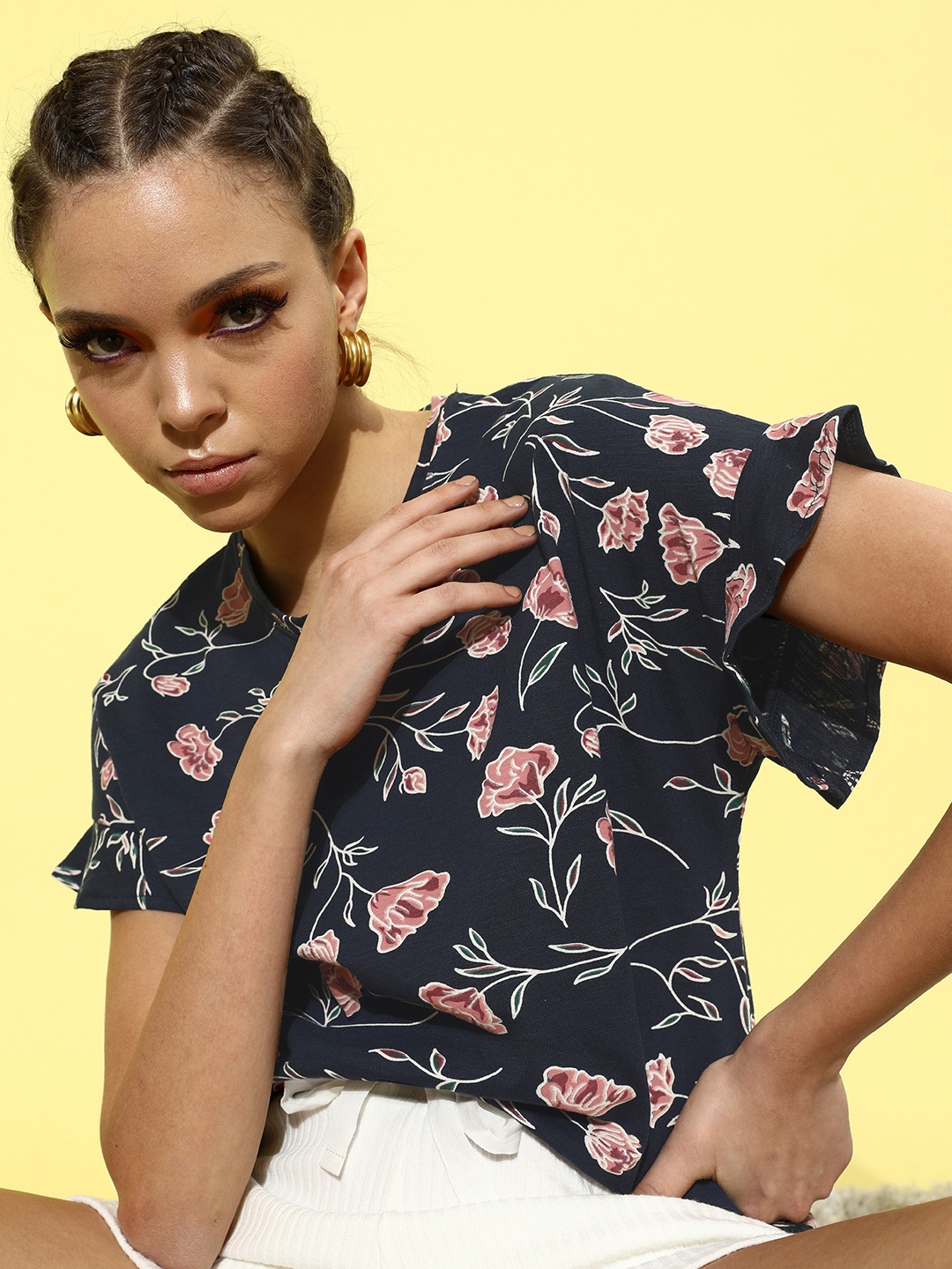 

Mast & Harbour Women Deep Navy Blue Romantic Florals Tshirt