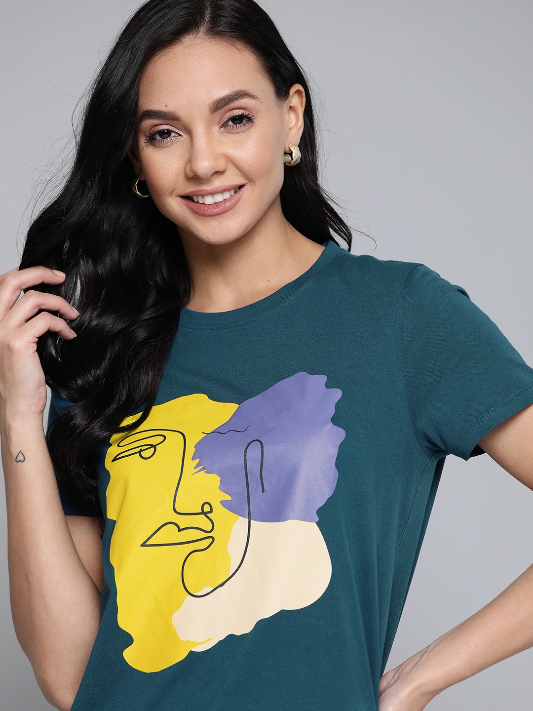 

Mast & Harbour Women Teal Blue Pure Cotton Printed T-shirt