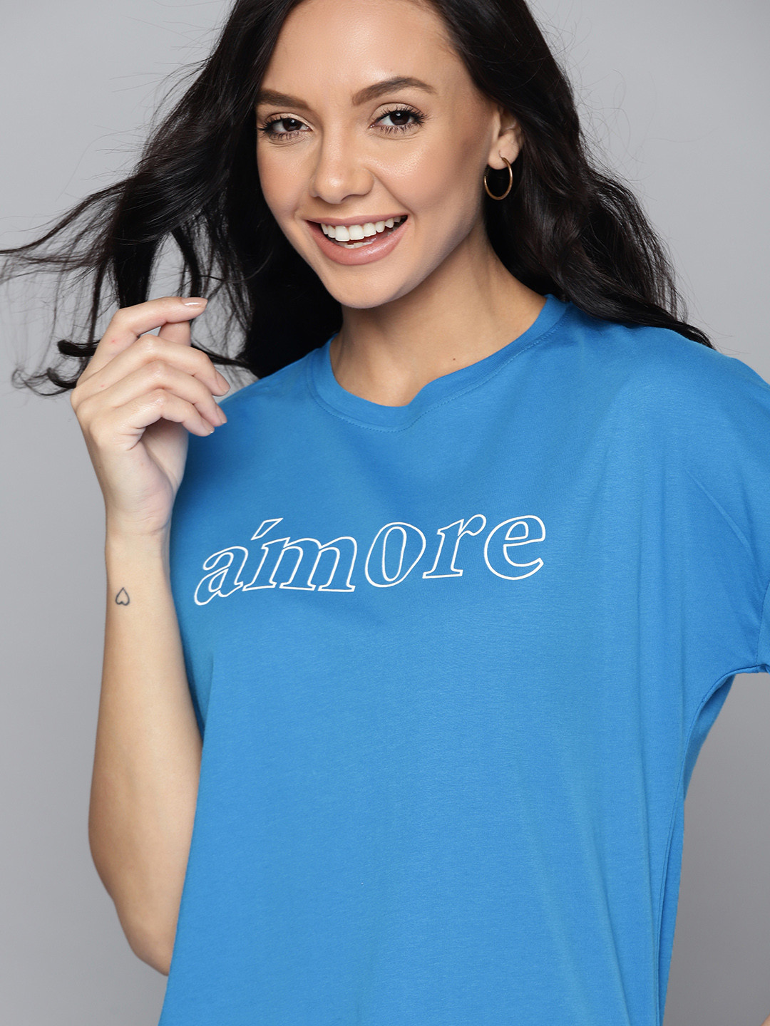 

Mast & Harbour Women Blue & White Pure Cotton Typography Printed T-shirt