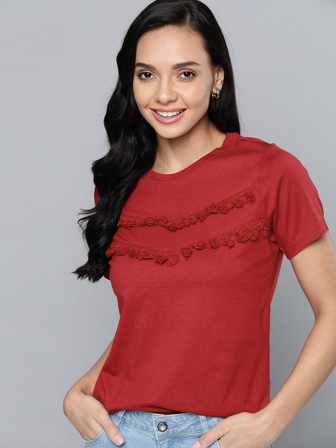 

Mast & Harbour Women Maroon Solid T-shirt with Fringed Taping